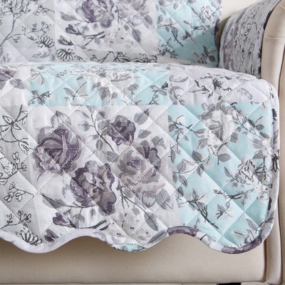 Gray and Aqua Floral Patchwork Stain-Resistant Microfiber Sofa Protector