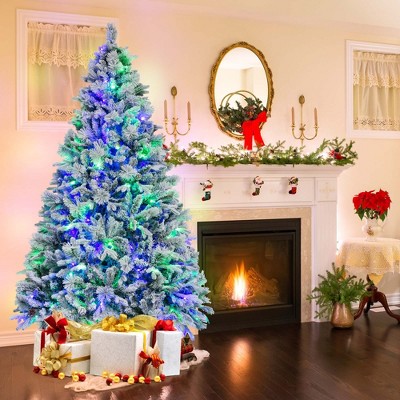 7ft Green and White Pre-Lit Snow Flocked Christmas Tree with Multicolor LED Lights
