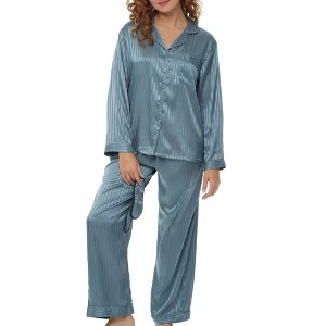 ADR Women's Satin Pajamas Set, Button Down Long Sleeve Top and Pants with Pockets, Silk like PJs with Matching Sleep Mask - 1 of 4