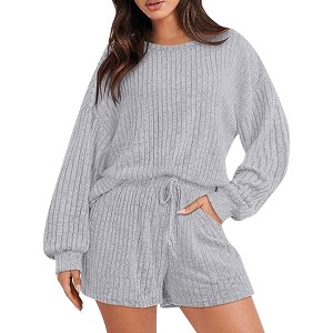 Women's Clothing Set Loose Sportswear Striped Crew Neck Long Sleeve Top Shorts Home Wear Suit - 1 of 4