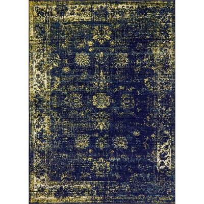 Navy Blue Floral Motif Reversible Synthetic Area Rug