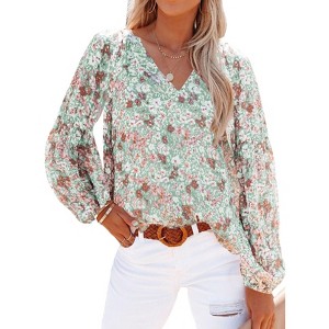 Coolmee Women's Blouses Floral Boho Tops V Neck Lightweight Long Sleeve Shirts Fall Dressy Casual Vacation Outfits - 1 of 4