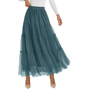 Tulle Skirts for Women 2025 Fall Fashion Elastic High Waisted Fairy Tiered Flowy A-Line Casual Maxi Long Skirt Sage Green - 1 of 4