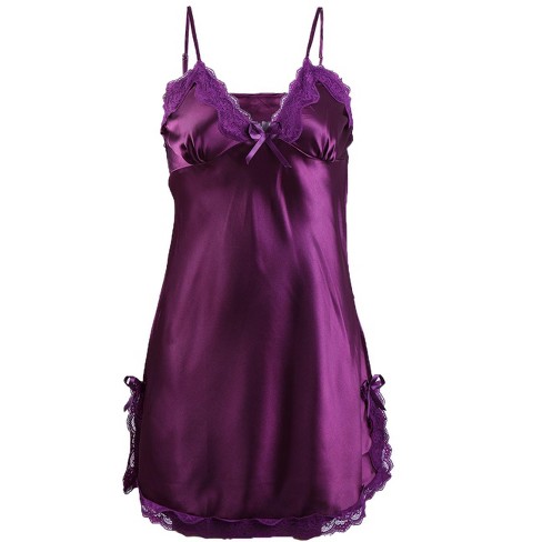 Allegra K Women Satin Lace Trim Sleepwear Nightgown Pajama Slip Dress Purple -lace L : Target