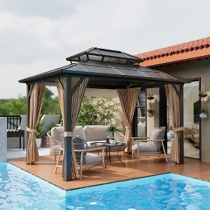10x13 FT Outdoor Gazebo with Polycarbonate Double Roof, Aluminum Frame Pergola with Curtains and Netting for Patio, Garden, Patio, Lawns, Khaki - 1 of 4