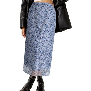 Floral Mesh Boho Midi Skirt - Women's High Waist A-Line Skirt with Lettuce Trim Blue Floral C - 1 of 4