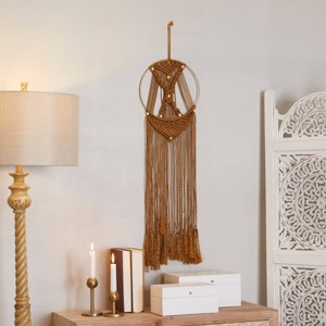 39" x 10" Fabric Macrame Handmade Intricately Weaved Wall Decor with Beaded Fringe Tassels Brown - Olivia & May - 1 of 4