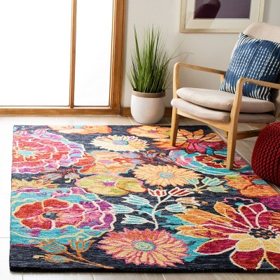 Handmade Tufted Rectangular Wool Rug in Charcoal and Blue