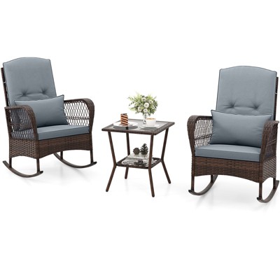 Tangkula 3 Piece Patio Rocker Set Outdoor Wicker Rocking Chairs with Double-Layer Coffee Table Rattan Rocker Chair Set with Seat Back Cushions & Pillows Beige/Gray/Blue/Red