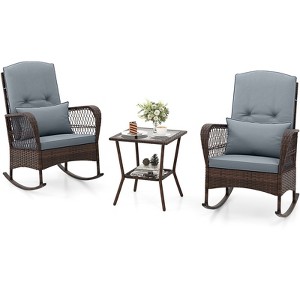 Tangkula 3 Piece Patio Rocker Set Outdoor Wicker Rocking Chairs with Double-Layer Coffee Table Rattan Rocker Chair Set with Seat Back Cushions & Pillows Beige/Gray/Blue/Red - 1 of 4