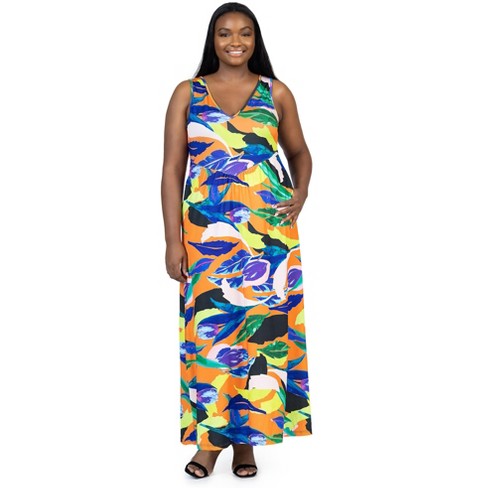 24seven Comfort Apparel Multicolor Floral Sleeveless V Neck Plus Size Maxi  Dress With Pockets : Target