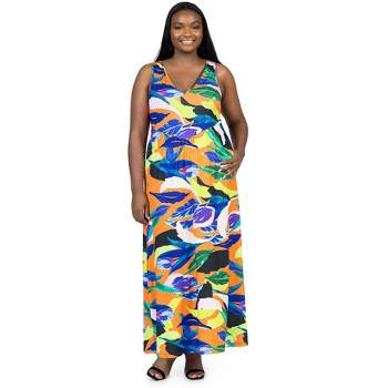 24seven Comfort Apparel Multicolor Floral Sleeveless V Neck Plus Size Maxi Dress With Pockets