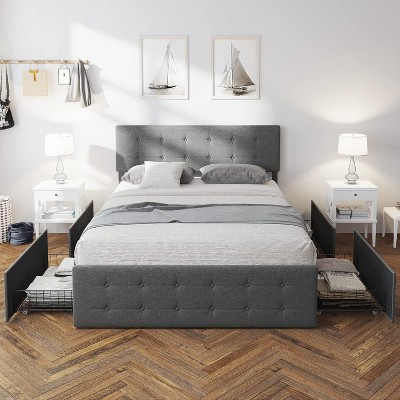 Queen Size Bed Frame, Heavy Duty Metal Platform Bed Frame with Wood Headboard, Full Bed Frame with Under Bed Storage Space and Solid Slat Support