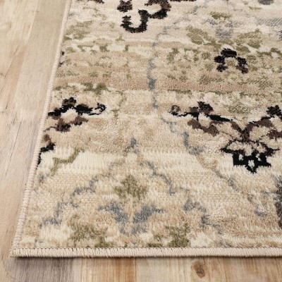 Beige Floral Damask Polypropylene Area Rug with Jute Backing