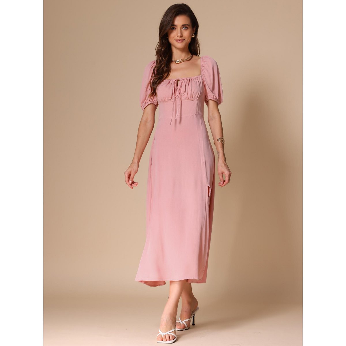 Женские платья INSPIRE CHIC Women's Puff Sleeve Square Tie Neck Split Smocked Boho Split Long Dress X-Large Pink — фото 4