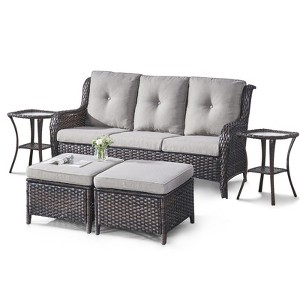 POCASSY 5 Piece Outdoor Conversation Furniture Set Wicker Sofa Seating Group with Cushions for Backyord, Garden, Pool - 1 of 4