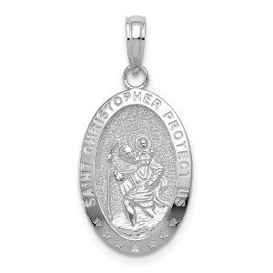 Black Bow Jewelry 14k White Gold Textured Oval St Christopher Medal Pendant, 12 x 27mm - 1 of 4