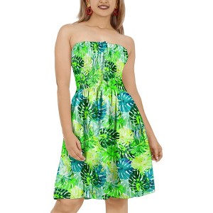 HAPPY BAY Women's House Daily Routine Evening Wear Boho Halter Smocked Mini Flowy Dress Tube Top Strapless Dresses for Women One Size Tropical, Leaves - 1 of 4