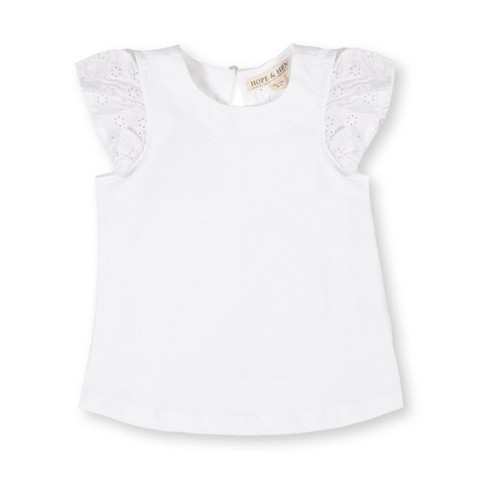 Hope & Henry Girls' Organic Knit Top with Eyelet Flutter Sleeves, White with Eyelet, X-Small