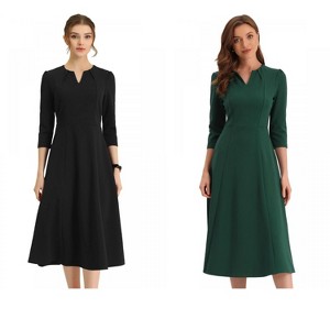 Allegra K Women's Elegant Split Neck Side Zipper Pockets 3/4 Sleeve Work A-Line Dress 2 Packs - 1 of 4