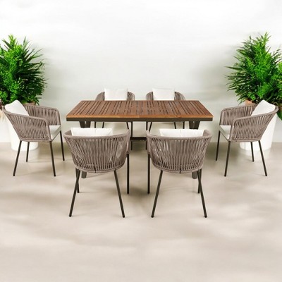 Mshliw 7-Piece Outdoor Patio Dining Set with Wood Table, Chairs, and Adjustable Feet – Modern All-Weather Furniture for Garden, Backyard, and Balcony