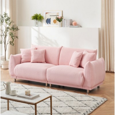 86-Inch Contemporary Teddy Fabric Sofa, 3-Seater Couch with Wood Frame, Metal Legs and Pillows for Living Room or Apartment-The Pop Home