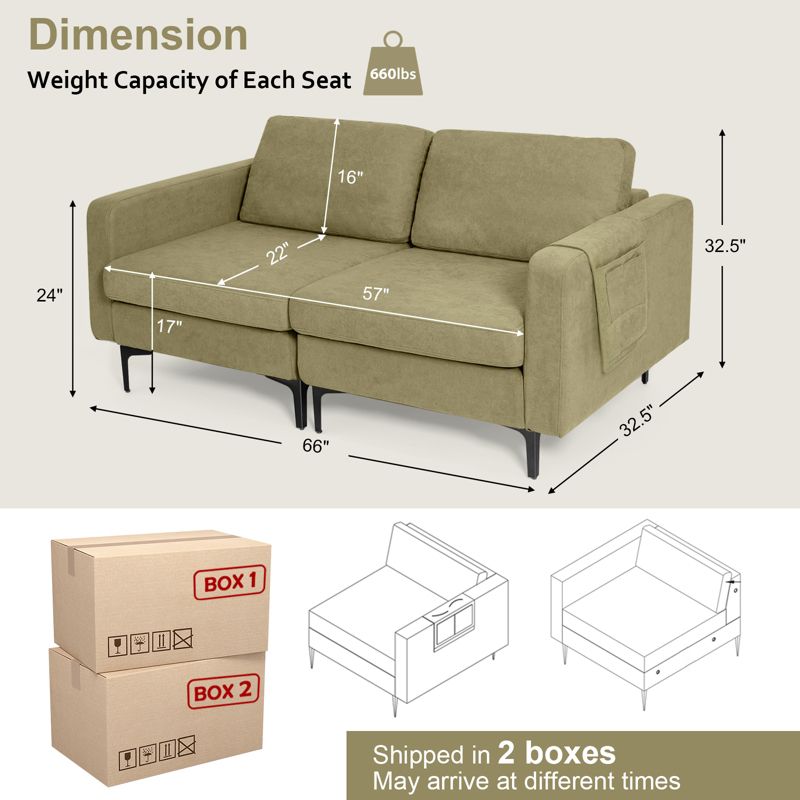 Costway Modern Loveseat Linen Fabric 2-Seat Sofa Couch w/ Side Storage Pocket Green\Orange, 4 of 11