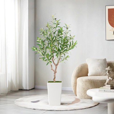 Artificial Olive Tree, Faux Olive Tree with Tall White Planter, Ideal for Home Decor and Housewarming Gift