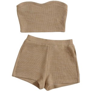 Women's 2 Piece Outfit Ribbed Crop Bandeau Tube Top and Biker Track Shorts Sets - 1 of 4
