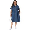Women's Plus Size Jean Lapel Button Down Roll Short Sleeve Summer Casual Midi Denim Dresses with Pockets - Agnes Orinda - 3 of 4