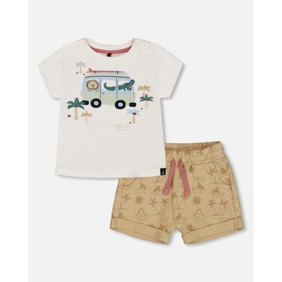 beige with palm trees and blue truck