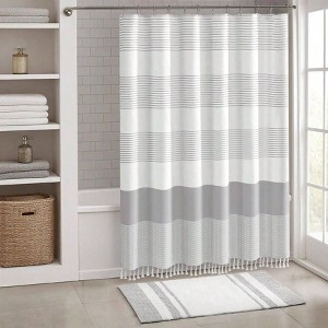 Boho Gray Shower Curtain 72x72 Inches Stripe Tassel Farmhouse Cotton Grey - 1 of 4