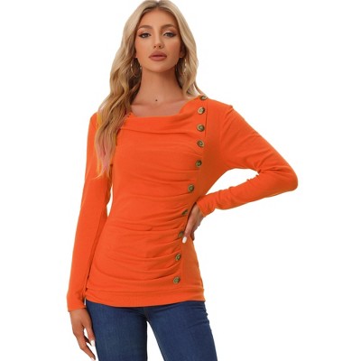 Allegra K Women's Cowl Neck Long Sleeves Buttons Decor Solid Ruched Top