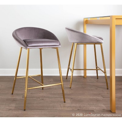 Set of 2 Glam Matisse 26" Silver Velvet Counter Stools with Gold Frame
