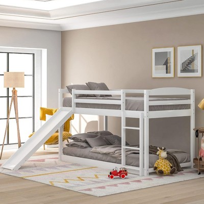 QingMoon Kids Loft Bed, Solid Wood Floor Bunk Bed Frame with Convertible Slide, Safety Guardrails and Ladder for Bedroom