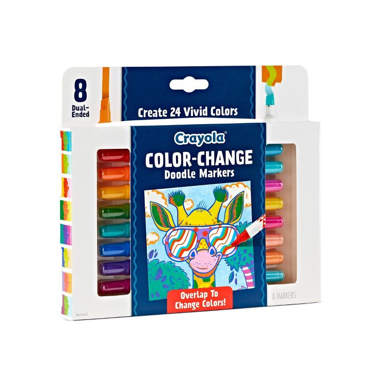 A box of Crayola Color-Change Doodle Markers containing 8 dual-ended markers, with visible colors including red, orange, yellow, green, blue, and purple, and a colorful illustration on the packaging.
