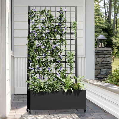 PexFix 71" x 35.4" Tall Wrought Iron Garden Trellis with Planter Box Black Outdoor Plant Support for Climbing Flowers Vines Patio Yard Decor
