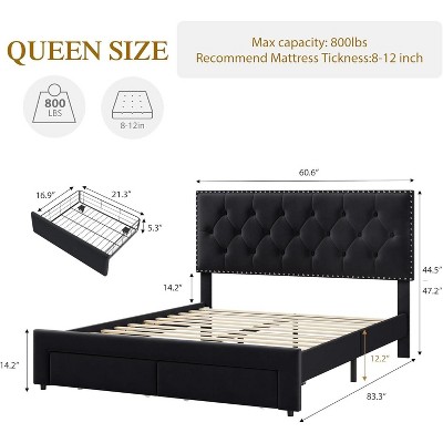 Bed Frame with 2 Storage Drawers, Vintage Velvet Upholstered Bedframe with Wooden Slat Support and Button Tufted Wingback Headboard Beige