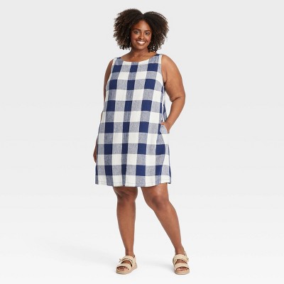 Women's Linen Woven Mini Shift Dress - Ava & Viv™ Navy Blue/White Gingham 3X