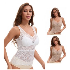 INSPIRE CHIC Women's 3 Packs Lace Mesh V-Back Wide Strap Fixed Cup Tank Top Longline Light and Breathable Camisoles - 1 of 4
