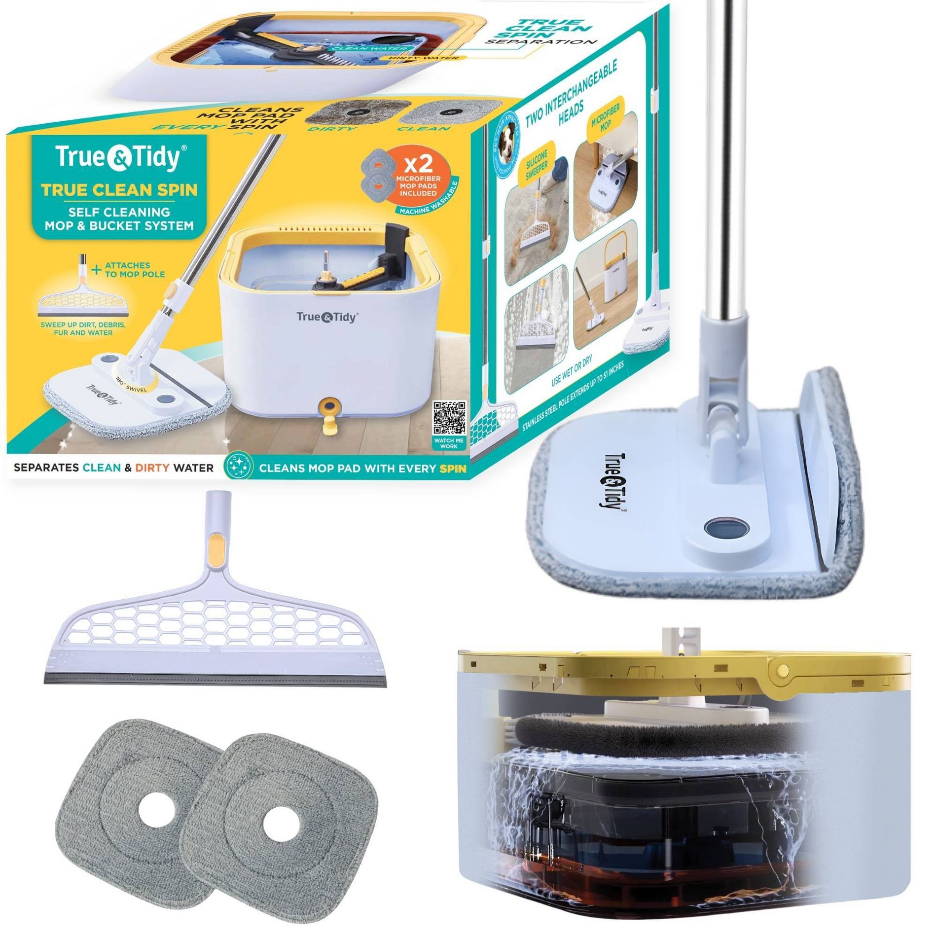 True & Tidy True Clean Dual Bucket 2.0 Spin Mop with Silicone Sweeper: Stainless Steel, Aluminum, Microfiber Materials