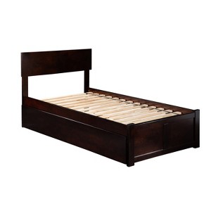 HomeStock Orlando Full Platform Bed with Flat Panel Footboard and Turbo Charger with Twin Size Urban Trundle in Walnut - 1 of 4