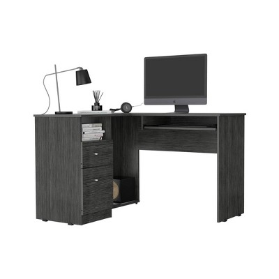 Vynxaria Bradford L-Shaped Desk - Smokey Oak Finish, Left Return, Retractable Keyboard Tray, Sleek Metal Drawer Handles