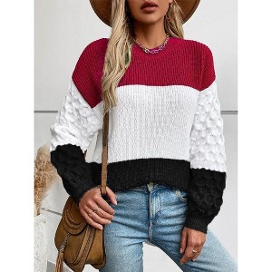 Womens Pullover Sweaters Chunky Crew Neck Sweater Knit Long Sleeve Color Block Sweater Cable Knit Sweater Womens Fall Outfits - 1 of 4
