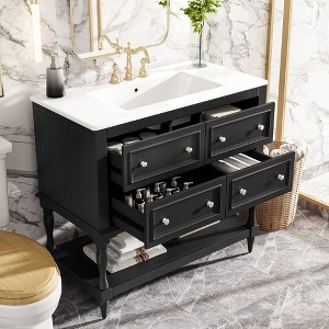 SeaCamel 36" White Freestanding Bathroom Vanity - Undermount Ceramic Sink Set with 4 Drawers & Solid Wood Frame - 1 of 4