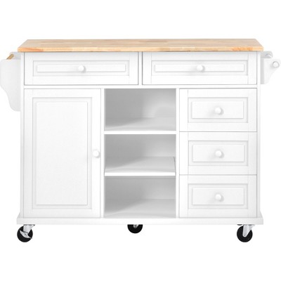 XINGHANZHENXUAN Black Mobile Kitchen Island Cart with Rubber Wood Top, 5 Drawers, Storage Cabinet, Adjustable Shelves & Locking Wheels