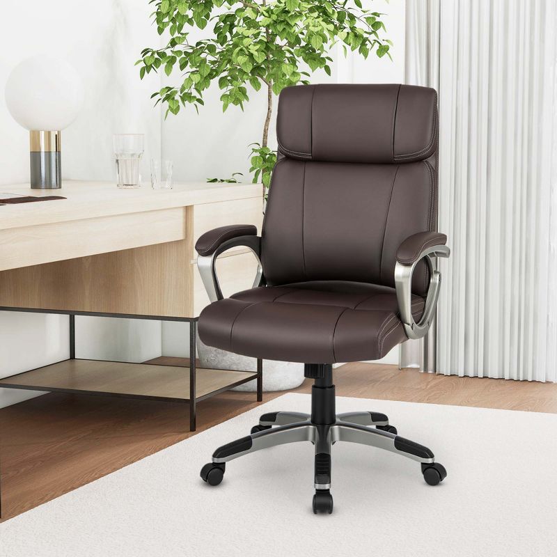 Costway Ergonomic Office Chair PU Leather Executive Swivel with Upholstered Armrests Brown, 1 of 9