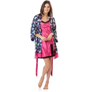 Ashford & Brooks Women's 2 Piece Satin Robe and Nightie Set - Hibiscus Nightingale/Fuschia - Medium - 1 of 4