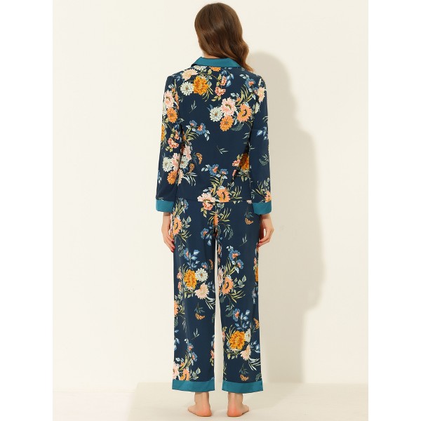 Pijama de Satén con Estampado Floral para Mujer, Camisa de Manga Larga con Pantalón - cheibear 3