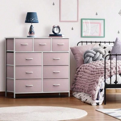 SKRAN Grid Cabinet Fabric Storage Tower with 9 Drawers For Bedroom,Tall Chest Organizer Unit With Fabric Bins, Steel Frame, Wood Top